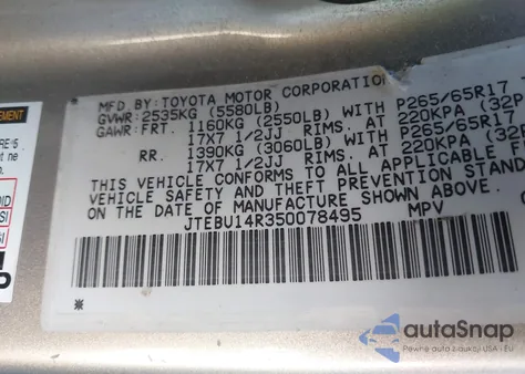 2005 Toyota 4Runner Sr5 V6 z USA, uszkodzony, nr VIN JTEBU14R350078495